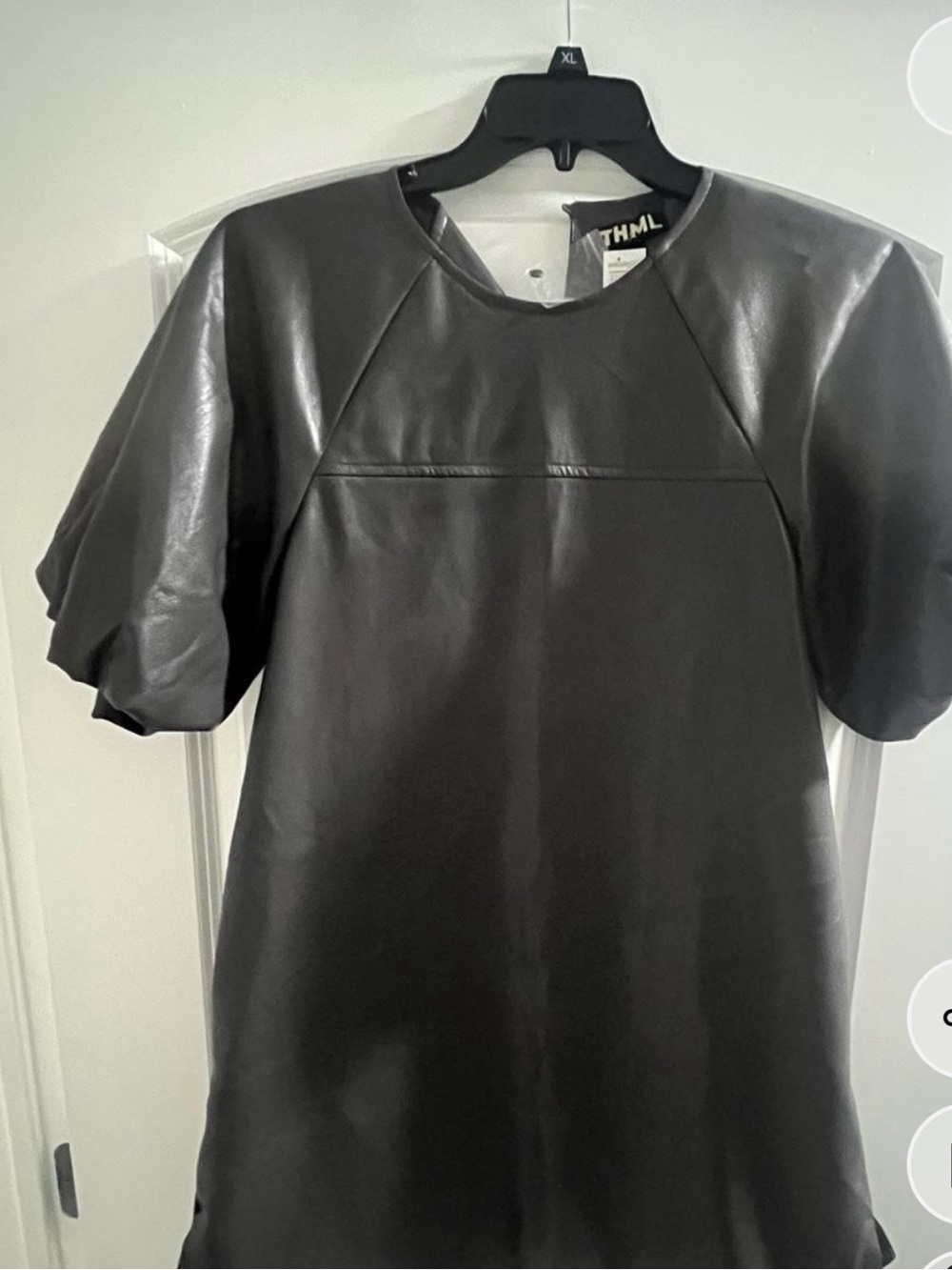 THML Black Faux Leather Midi Dress with Puff Sleeves